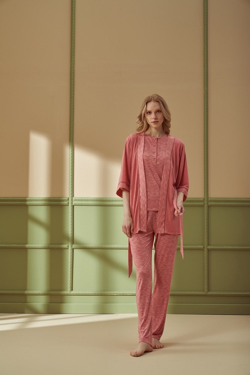 Pijadore - 3 Delige Pyjama Set Voor Dames, Lange Mouwen, Roze - XL