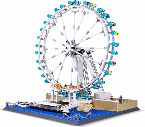 Witte reuzenrad model met 32 capsules, blauwe en gele accenten, op een blauwe en zandkleurige basis.