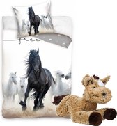 Paarden Dekbedovertrek- 1 persoons- 140x200- Zwart paard- katoen, incl.  zachte paarden knuffel - 32 cm -Bruin - kinderen slaapkamer eenpersoons dekbed