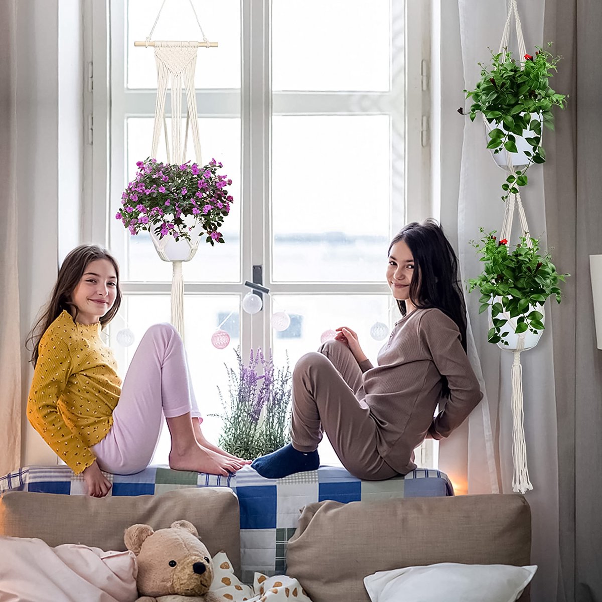 5-Delig Luxe Macramé Plantenhangers Set - Boho Handgeweven Katoen Hangpot voor Binnen/Buiten - Hangende Bloempot met Kralen - Plant Houder - Bohemian Wandhanger Decoratie - Tuin Hanger Bloempothouder Planthanger — afbeelding 5