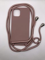 Hoogwaardige Siliconen Backcover met Koord - Geschikt voor iPhone 12 Pro Max - Premium Kwaliteit TPU Siliconen Hoesje - Oudroze (Past Alleen 12 Pro Max)