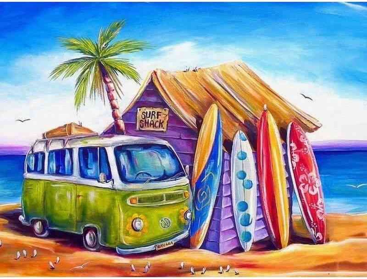 Diamond painting - Volkswagenbus aan het strand - Geproduceerd in Nederland - 30 x 40 cm - canvas materiaal - vierkante steentjes - Binnen 2-3 werkdagen in huis