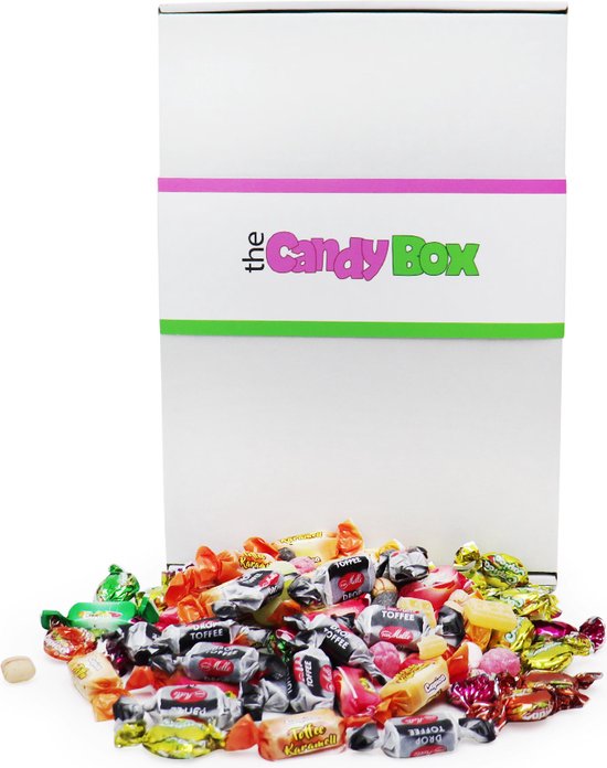 Snoep drop mix pakket & Snoepgoed doos - The Candy Box - Toffe Box - 0.5 Kg Uitdeel en verjaardag cadeau doos voor vrouwen, mannen en kinderen met: Aardbei, Citroen, Cassis, Sinasappel, Bramen, Appel Fruit BonBon, Advocaat + Drop toffee, Oud Hollands