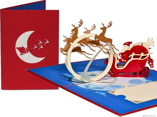 Popcards popupkaarten - Kerstkaart Kerstman met Rudolf en Rendieren voor Arrenslee met Cadeaus feestdagenkaarten pop-up kaart 3D wenskaart