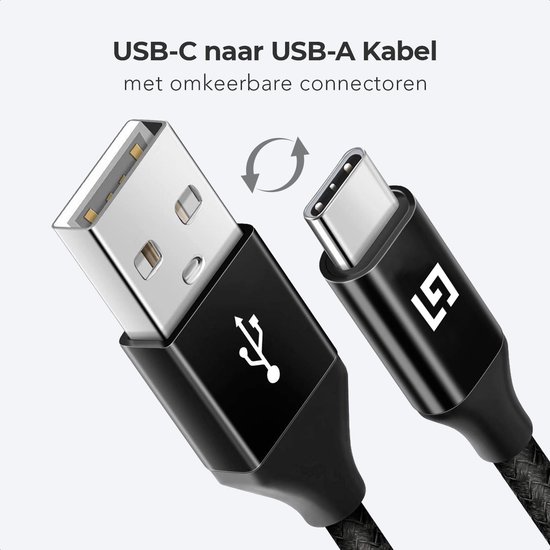 LifeGoods USB-C Data- en Laadkabel - 2.4A Snellader Kabel - Fast en Quick Charge Oplaadkabel - Type C Naar USB-A - Oplaadsnoer Telefoon - Laptop - Samsung Galaxy en Note - Sony - OnePlus - Gevlochten Nylon – Zwart – 1 Meter