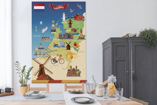 Carte des Nederland avec des vues 120x180 cm - Tirage photo sur Toile (Décoration murale salon / chambre) XXL / Groot format!