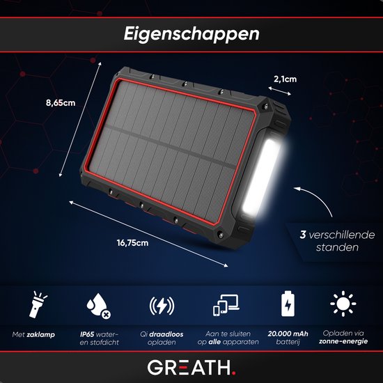 Greath® Solar Powerbank 20000mAh - Geschikt voor Iphone en Samsung - Zonne-energie - Shockproof - USB C - Kamperen