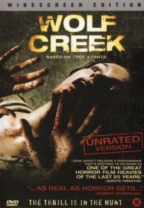 Wolf Creek dvd hoes, met de titel 'Wolf Creek' en de tekst 'Unrated Version', 'The thrill is in the hunt'.