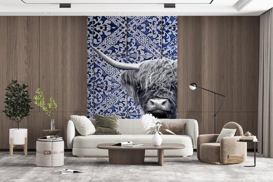 Papier peint - Papier peint photo Bleu de Delft - Highlander écossais - Zwart - Wit - Largeur 180 cm x hauteur 280 cm