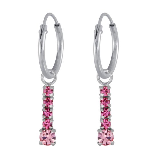 Joy|S - Zilveren bar / staaf bedel oorbellen - roze kristal - oorringen
