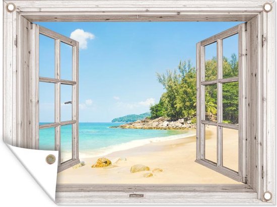 Tuinposter 80x60 cm - Tuindecoratie Doorkijk - Strand - Zand - Poster voor in de tuin - Buiten decoratie - Schutting tuinschilderij - Tuindoek muurdecoratie - Wanddecoratie balkondoek