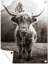 Tuinschilderij Schotse hooglander - Zwart - Wit - Dieren - 60x80 cm - Tuinposter - Tuindoek - Buitenposter