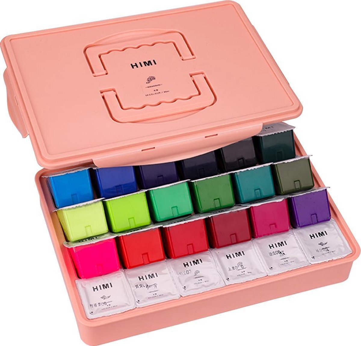 HIMI - Gouache - set van 24 kleuren x 80ml - in kunststof opbergbox roze