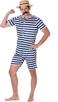 Karnival Costumes Blauw/Wit Gestreepte Retro Zwemoutfit voor Mannen Carnavalskleding Heren Carnaval - Polyester - Maat S - 3-Delig Jumpsuit/Strohoed/Snor