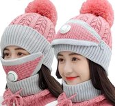 Luxe 3-in-1 Gebreide Dames Beanie Met Pompon Sjaal & Face Cover Set - Warme Bonnet Winter Muts Met Colsjaal Nekwarmer - Halswarmer Wintermuts Gevoerd Acryl Wol - Balaclava Bivakmuts Met Nek W
