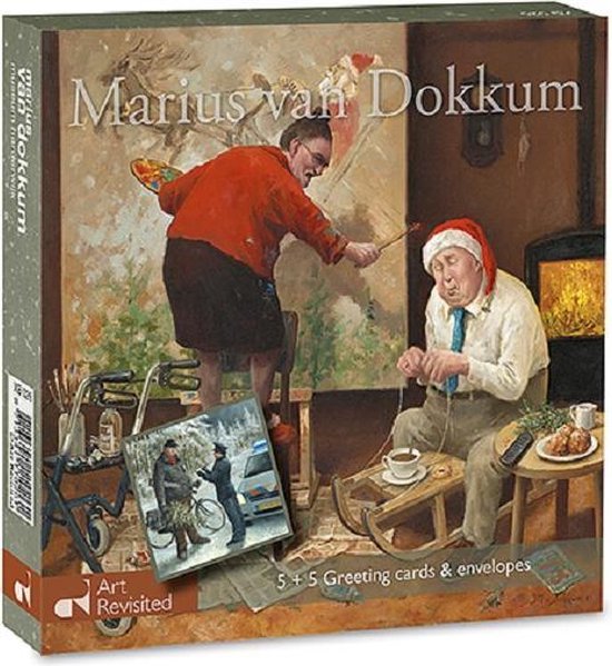 Marius van Dokkum Art Revisited doos met 5+5 kerstkaarten. Afbeelding schilder die schildert, man met kerstmuts op slee bij haardvuur.
