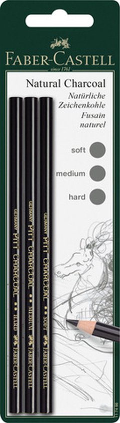 Crayons Faber-Castell Natural Charcoal en emballage avec les nuances soft, medium et hard.