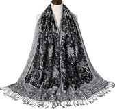 N3 Collecties Pashmina zijden sjaal omslag bloemen omkeerbare kwasten voor dames-Zwart