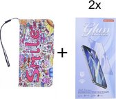 Bookcase Geschikt voor: Oppo A73 hoesje met print - Smile Graffiti met 2 stuks Glas Screen protector