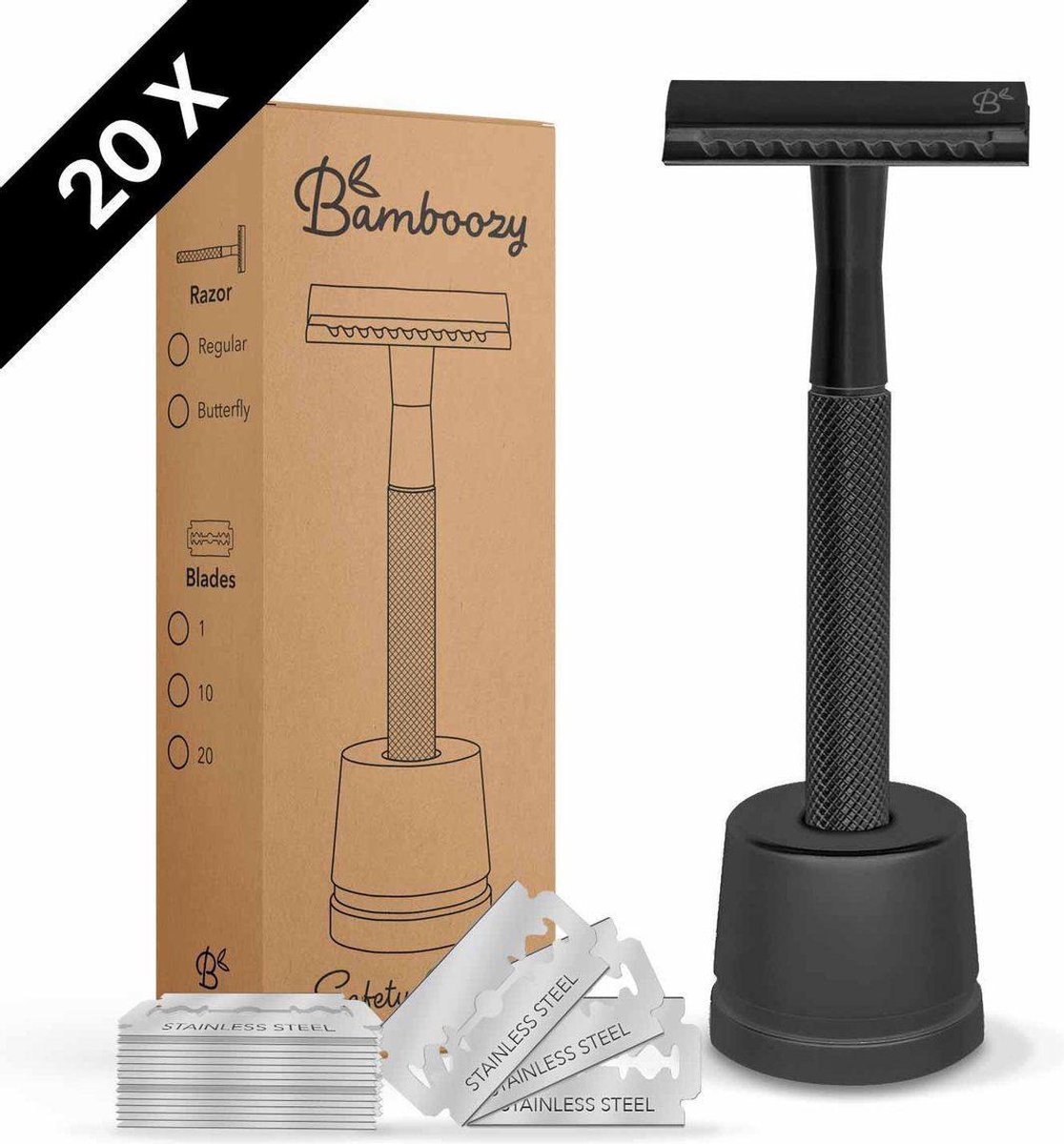 Bamboozy Safety Razor RVS + Houder + 20 scheermesjes Mat Zwart unisex voor vrouwen dames mannen Double Edge Zero Waste Scheren