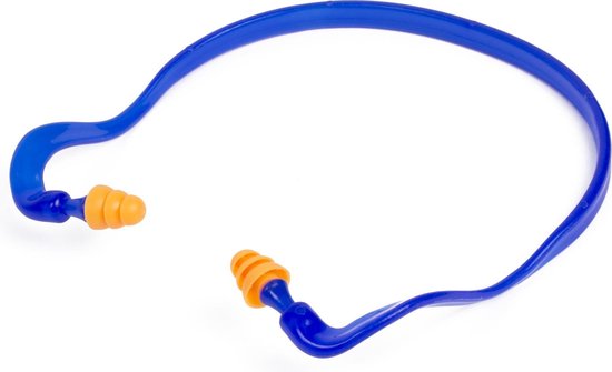 Blauwe U-beugel met oranje oordopjes.
