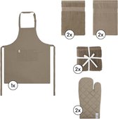 EM Kitchen Keukentextiel Set – Taupe - 9-delig – 2 Theedoeken + 2 Keukendoeken + 2 Vaatdoeken + 2 Ovenwanten + 1 Keukenschort