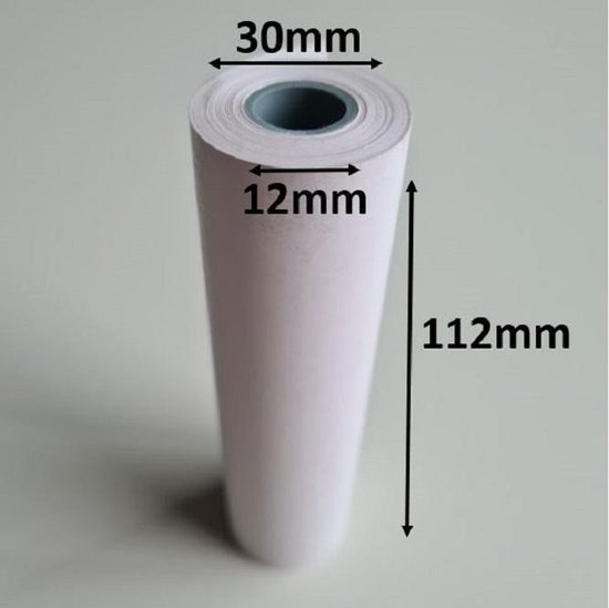 Wit thermopapierrol, 112 mm hoog, 30 mm diameter, 12 mm kern. BPA-vrij.
