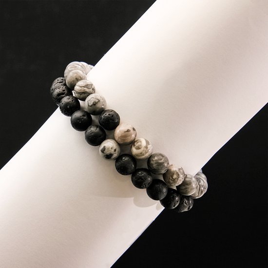 AWEMOZ Natuursteen Armbanden - Contrast Kralen Armbandjes - Zwart/Grijs - Armband Dames - Armband Heren - Sieraden - Cadeau