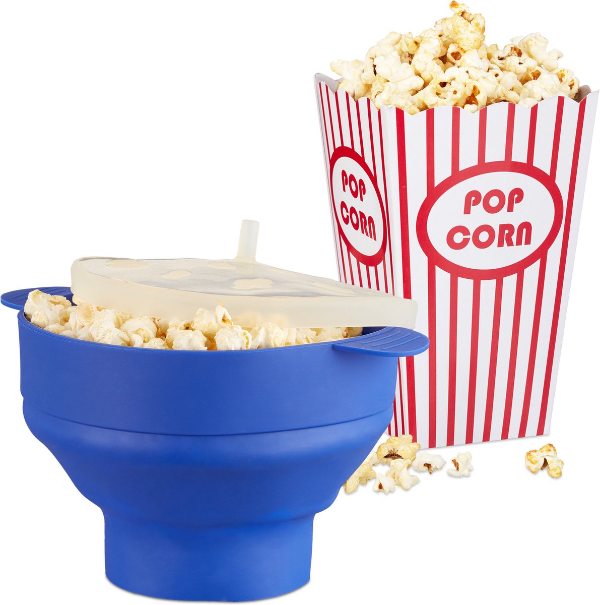 Relaxdays 49-delige popcorn set - siliconen popcorn maker - 48 popcorn zakjes gestreept