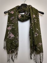 Lange dames sjaal Marijke bloemmotief groen roze wit zwart