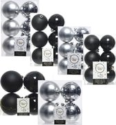Kerstversiering kunststof kerstballen kleuren mix zwart/zilver 6-8-10 cm pakket van 44x stuks