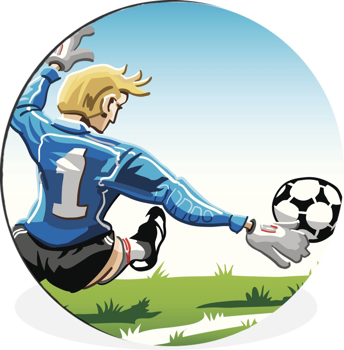 WallCircle - Wandcirkel - Muurcirkel - Een illustratie van een keeper die de voetbal stopt - Jongens - Meisjes - Kinderen - Aluminium - Dibond - 120x120 cm - Binnen en Buiten XXL