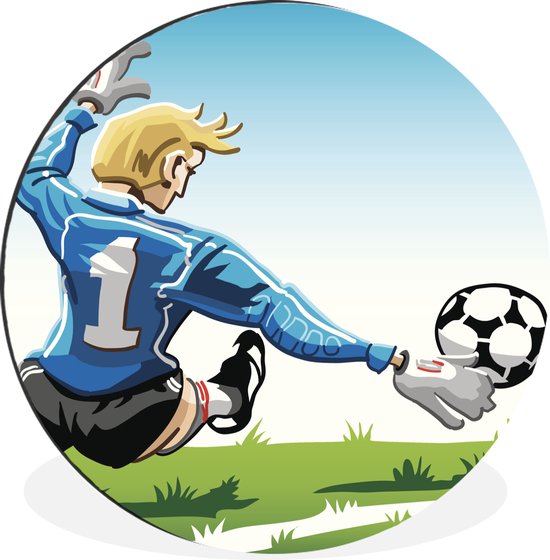 WallCircle - Wandcirkel - Muurcirkel - Een illustratie van een keeper die de voetbal stopt - Jongens - Meisjes - Kinderen - Aluminium - Dibond - ⌀ 120 cm - Binnen en Buiten XXL