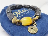 Mei's Tibetan Ebony Copper - Tibetaanse armband dames - Edelsteen / Gele Jade / Hout / Ebbenhout - polsmaat 15,5 cm / geel / zwart / koper