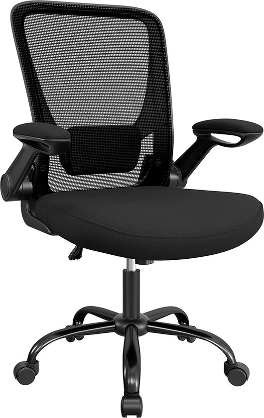 SONGMICS Bureaustoel met opklapbare armleuningen, bureaustoel met netbespanning, ergonomische computerstoel, 360° draaibare stoel, verstelbare lendensteun, ruimtebesparend, zwart OBN37BK