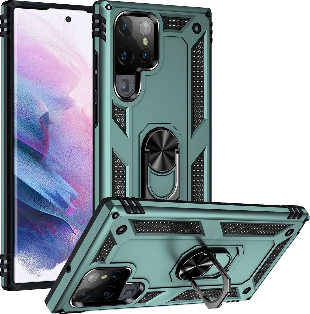 Mobigear Hoesje geschikt voor Samsung Galaxy S22 Ultra Telefoonhoesje Hardcase | Mobigear Armor Ring Backcover Shockproof met Ringhouder | Schokbestendig Galaxy S22 Ultra Telefoonhoesje | Anti Shock Proof - Groen