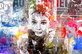 JJ-Art (Aluminium) | Audrey Hepburn - actrice -  abstract - kunst, woonkamer - slaapkamer | vrouw, sigaret, film, fashion, rood, blauw, deels zwart wit | Foto-Schilderij print op Dibond (meta