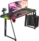 Geemax Gaming bureau-R-vorm koolstofvezel oppervlak gamer tafel-met Bekerhouder en Hoofdtelefoonhaak-voor PS4 PS5-Zwart 140 x 60 x 75cm - vaderdag cadeau