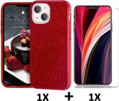 HB Hoesje Geschikt voor Apple iPhone 13 Mini Rood & Glazen Screenprotector - Glitter Back Cover