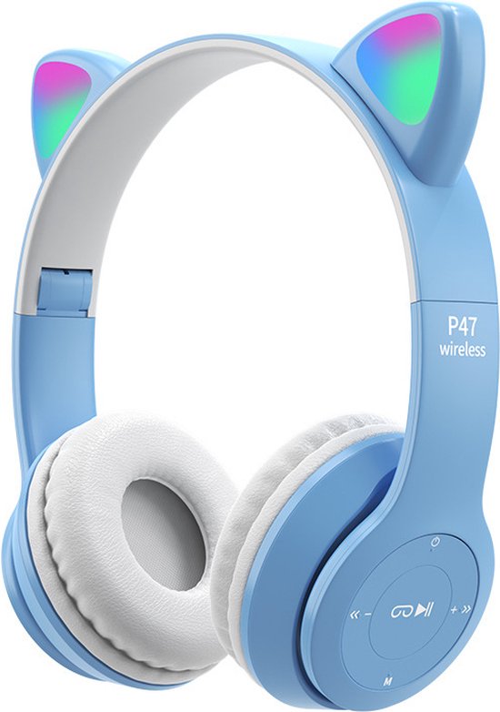 Kinder Hoofdtelefoon-Draadloze Koptelefoon-Kinder Headset-Orn Ear-Bluetooth-Microfoon-Katten Oorjtes-Led Verlichting-Licht Blauw