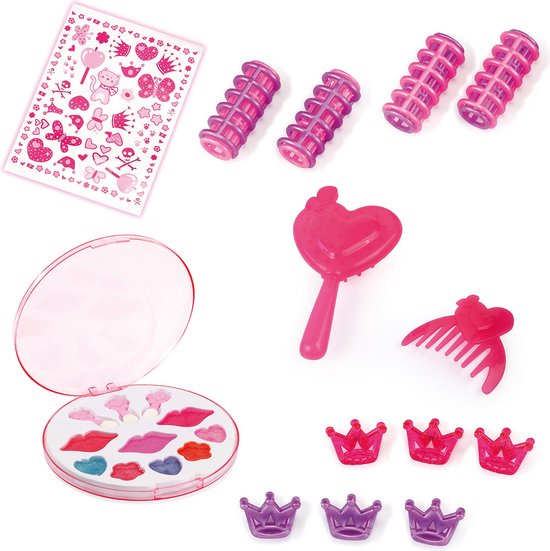 Make-up en stylingaccessoires: make-uppalet met lippen en ogen, spiegel, kam, haarrollers en tiara's.