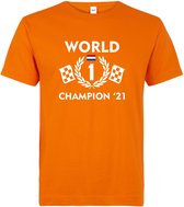 T-shirt oranje World Champion '21 met krans | race supporter fan shirt | Formule 1 fan kleding | Max Verstappen / Red Bull racing supporter | wereldkampioen / kampioen | racing souvenir | maa