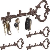 Relaxdays 4x sleutelrekje vintage - sleutel organizer - sleutelrek 3 haken - ophanghaken