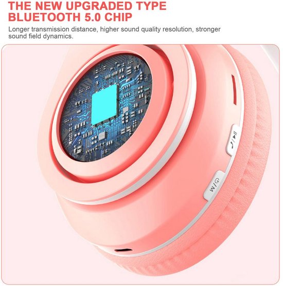 Kinder Hoofdtelefoon-Draadloze Koptelefoon-Kids Headset-Over Ear-Bluetooth-Microfoon-Katten Oortjes-Led Verlichting-Roze