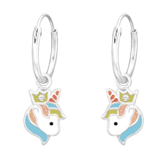 Joy|S - Zilveren eenhoorn oorbellen - met kroontje - unicorn oorringen - kristal