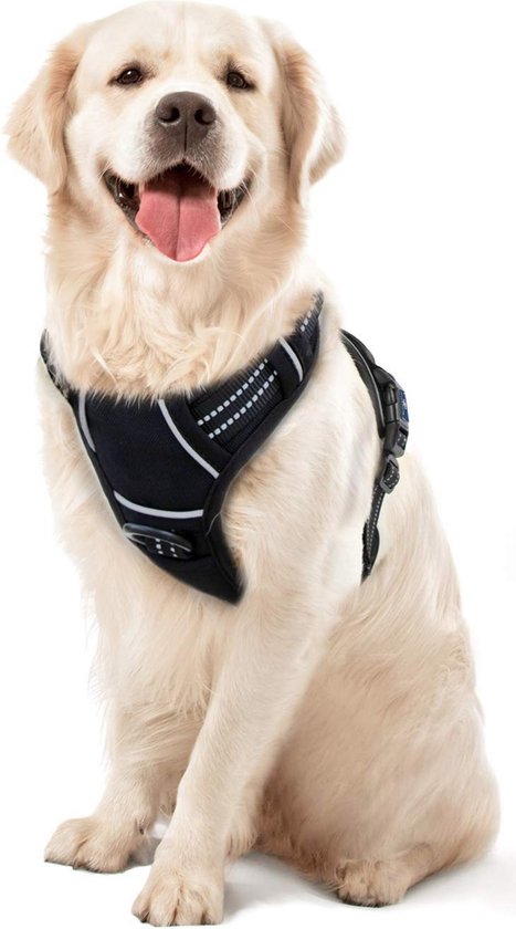 Hondentuig Grote Hond – Reflecterend Canicross Hondenharnas – Anti trek tuig - Dog Harness - Gewatteerd – Maat L – Zwart - Quzi