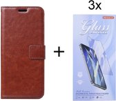Bookcase Geschikt voor: OnePlus 8T / OnePlus 8T 5G - Bookcase Bruin - portemonnee hoesje met 3 stuk Glas Screen protector