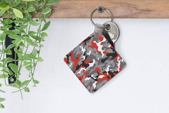 Porte-clés Camouflé - Motif camouflage avec accents rouges Porte-clés plastique - Porte-clés carré avec photo