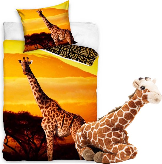 Dekbedovertrek Giraffe - Afrika- 1 persoons- 140x200- katoen- wildernis, incl. Giraffe knuffel, 40 cm pluche speelgoed.