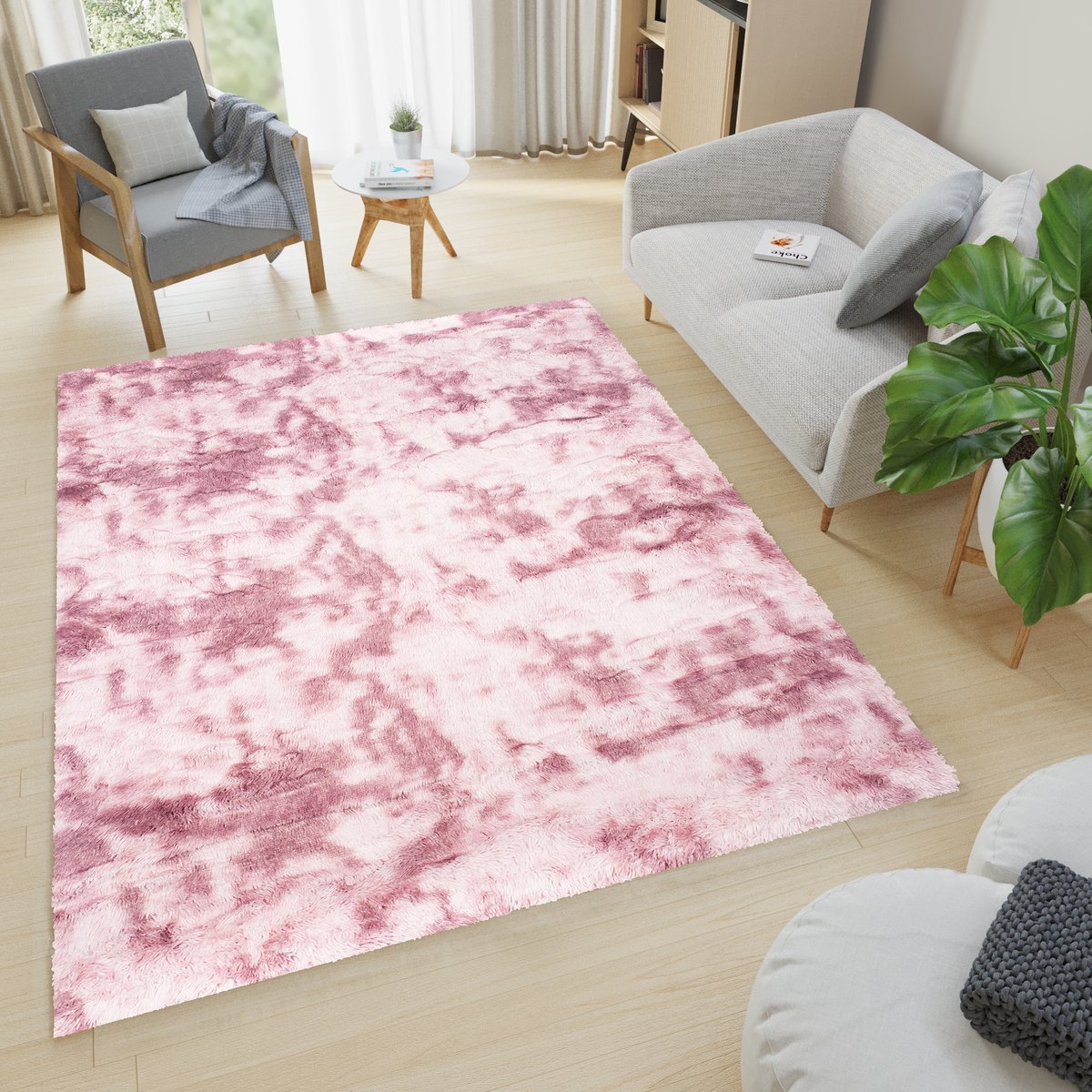 Tapiso Silk Dyed Vloerkleed Roze Hoogpolig Antislip Modern Woonkamer Slaapkamer Tapijt Maa